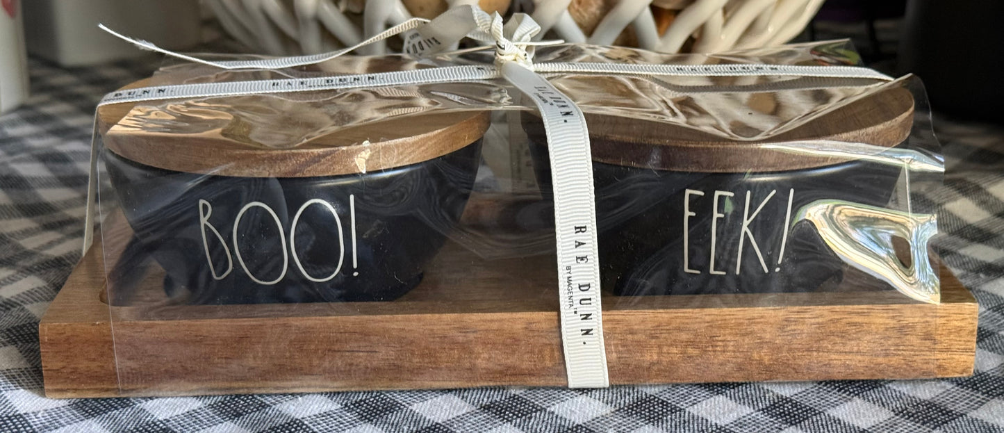 New Rae Dunn matte black ceramic BOO! & EEK! Mini bowl set Halloween decor