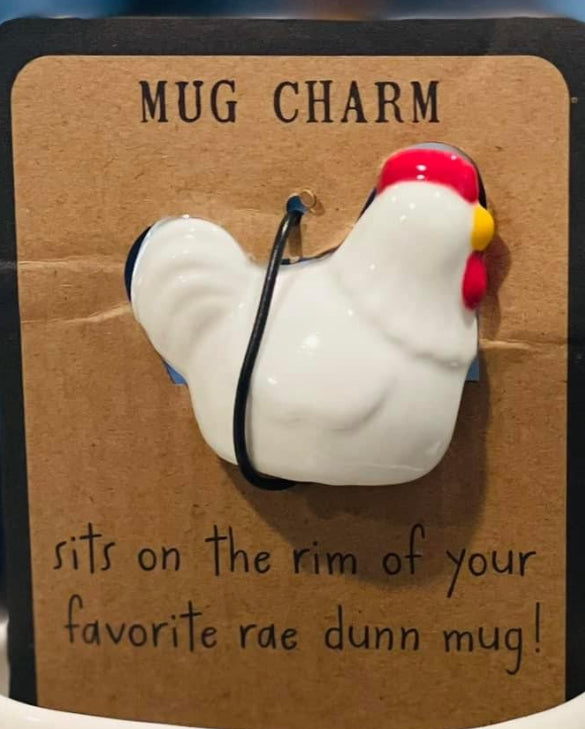 New Rae Dunn Farmline white ceramic chicken mug with charm topper CLUCK