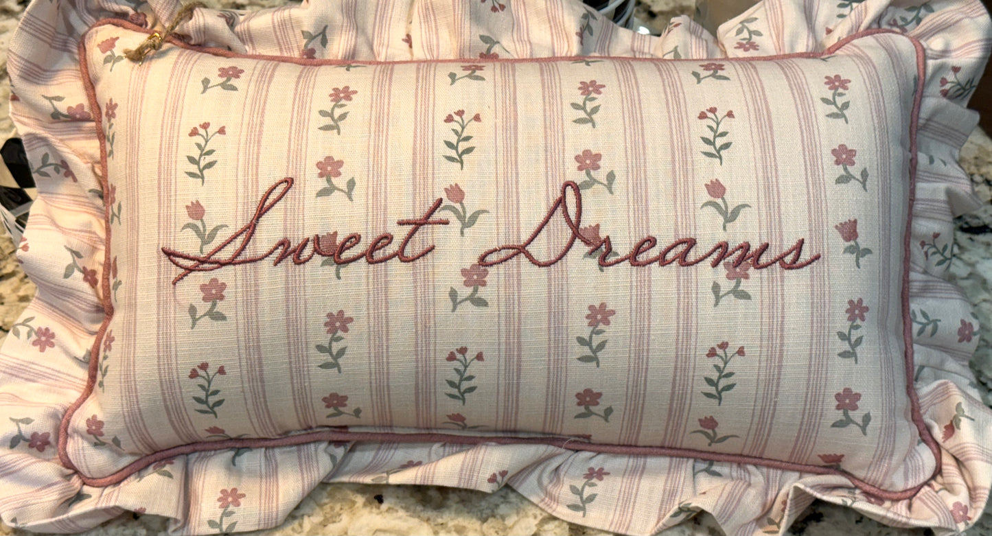 New pink floral 9x16 throw pillow ruffled edge decor SWEET DREAMS