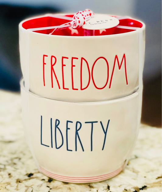 New Rae Dunn white ceramic Americana 🇺🇸 July 4th bowl set FREEDOM/LIBERTY