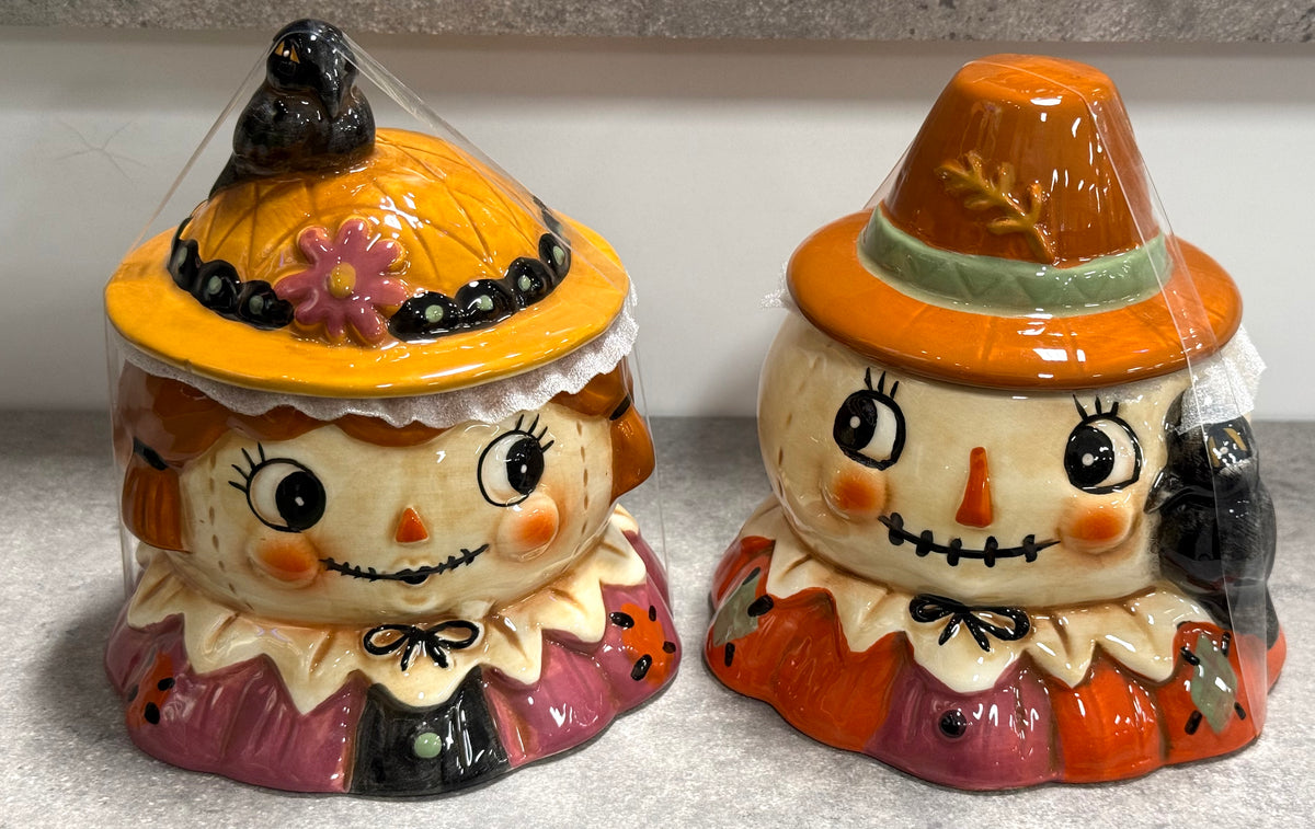 New Joanna Parker ceramic scarecrow trinket jar set fall decor