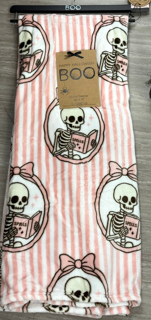 New pink striped reading skeleton throw blanket Halloween decor 50x70