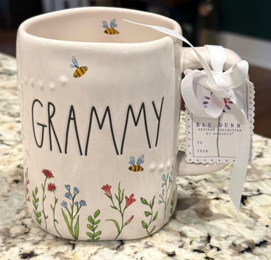 New Rae Dunn white ceramic floral coffee mug GRAMMY