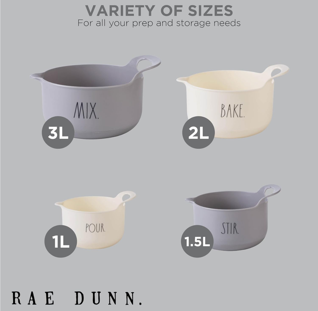 Rae Dunn Non-Slip Mixing Bowls - 4 Piece Nesting Plastic Mixing Bowl Set with Pour Spouts and Handles-Measurement Markings (Grey)