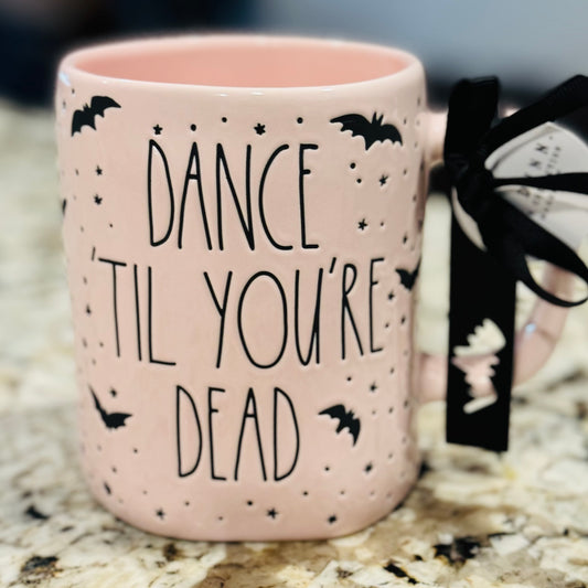 New Rae Dunn pink ceramic Halloween coffee mug DANCE TIL YOU’RE DEAD 👻