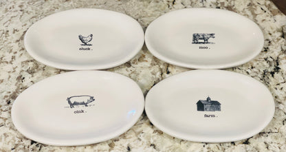 Rae Dunn RARE 4-piece ceramic original farmhouse farm line oval plate set MOO CLUCK FARM OINK.