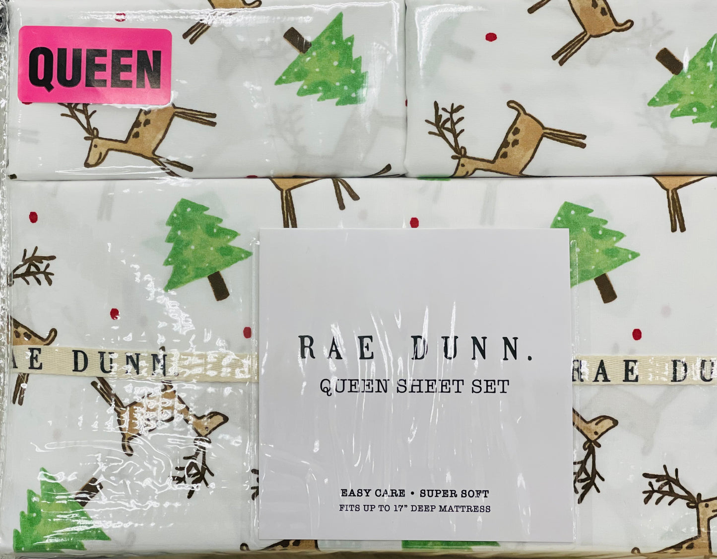 New Rae Dunn white Christmas QUEEN size sheet set Tree/Deer