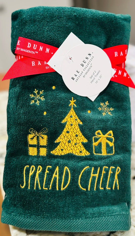 New Rae Dunn green & gold 2-piece Christmas hand towel set SPREAD CHEER