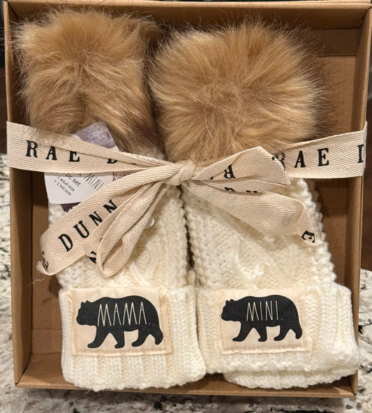New Rae Dunn white fur topped beanie set MAMA/MINI