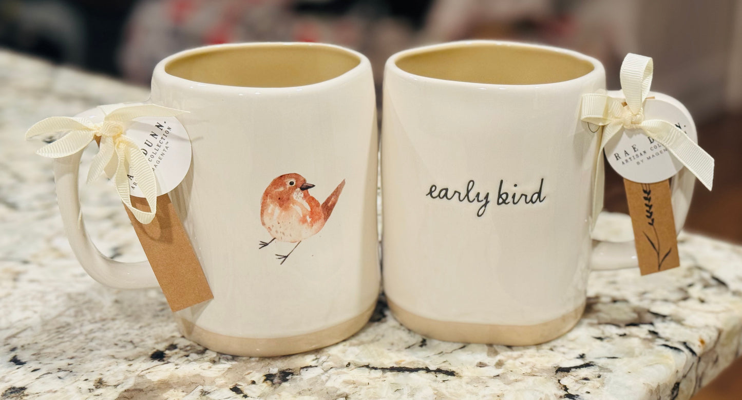 New Rae Dunn white ceramic coffee mug EARLY BIRD beige interior script