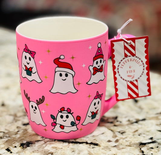 New Peppermint Pine Hand Painted soft feel ceramic Christmas multi ghost pink mug