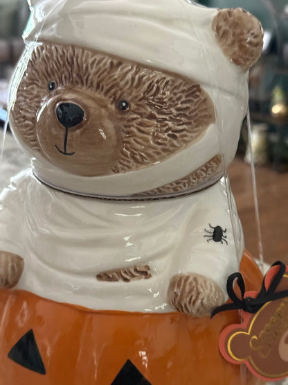New ceramic Teddy Bear Creepy Critters sitting mummy pumpkin cookie jar canister