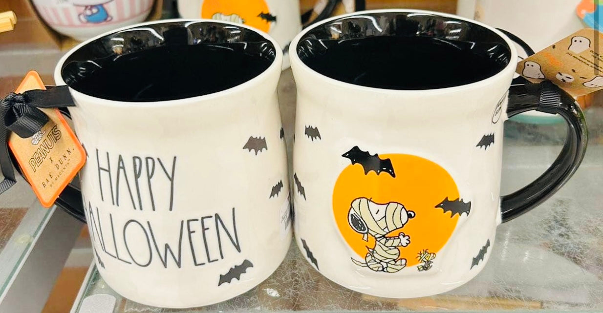 New Rae Dunn x Peanuts Snoopy Halloween mummy ceramic coffee mug decor HAPPY HALLOWEEN