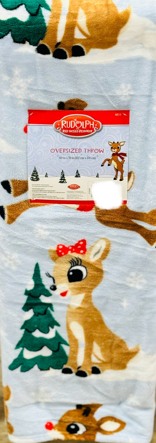 New Rudolph The Red Nosed Reindeer blue Christmas plush throw blanket 60x70