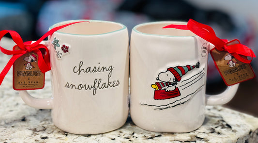 New Rae Dunn x Peanuts Snoopy ceramic Christmas coffee mug CHASING SNOWFLAKES