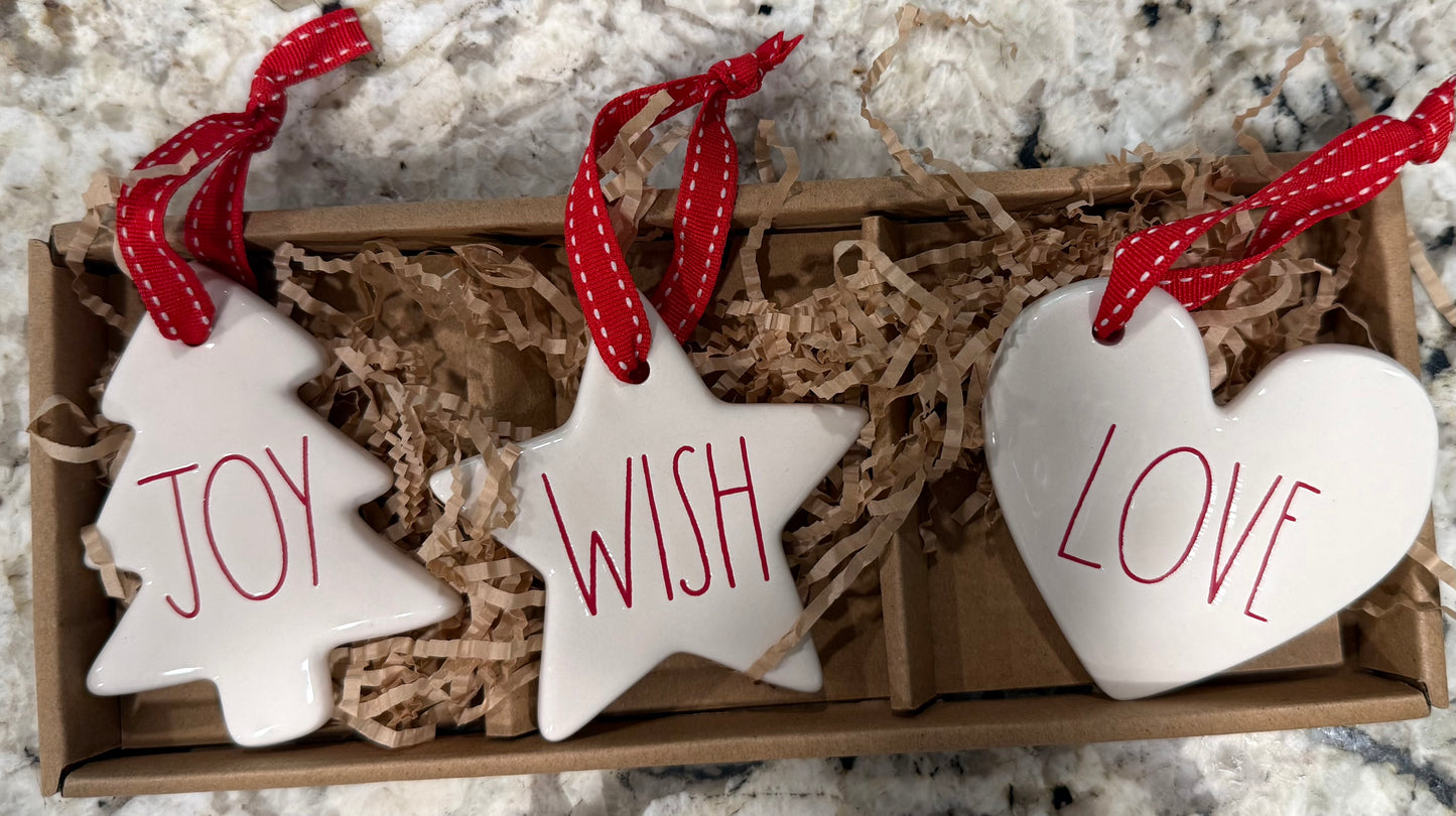 New Rae Dunn 3-piece ceramic Christmas ornament set JOY WISH LOVE