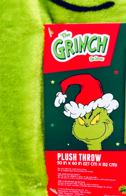 New Christmas Grinch themed oversized blue throw blanket 50x70 green face