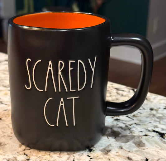 New Rae Dunn black ceramic coffee mug Halloween decor SCAREDY CAT orange interior