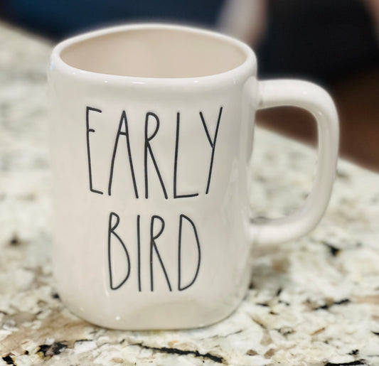 New Rae Dunn white ceramic coffee mug EARLY BIRD