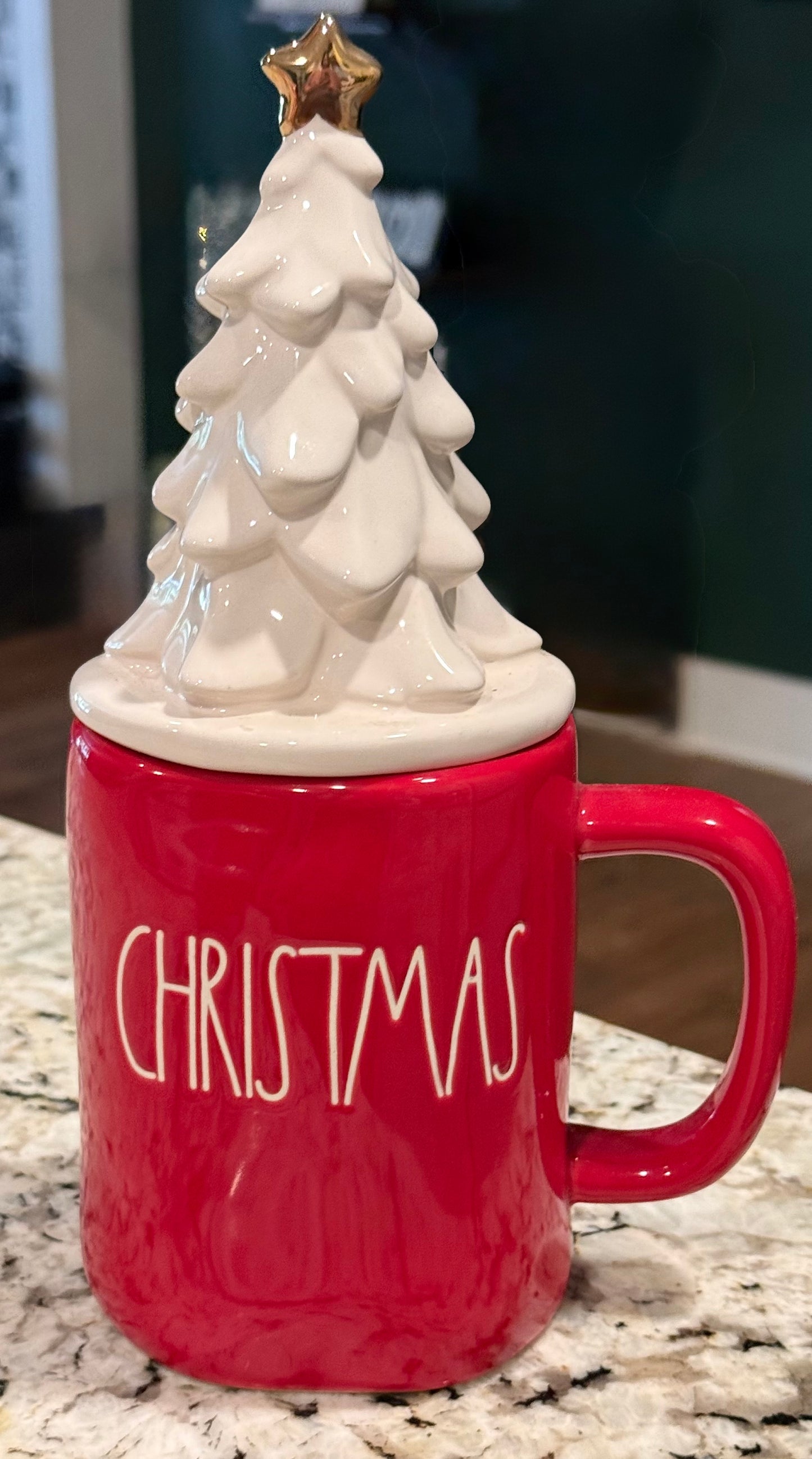 New red ceramic Rae Dunn Christmas tree topped coffee mug CHRISTMAS