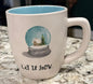 New Rae Dunn white ceramic Christmas decor coffee mug blue interior snowglobe LET IT SNOW