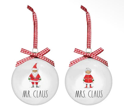New Rae Dunn glass 2-piece red and white Christmas ornament set Mr & Mrs Claus