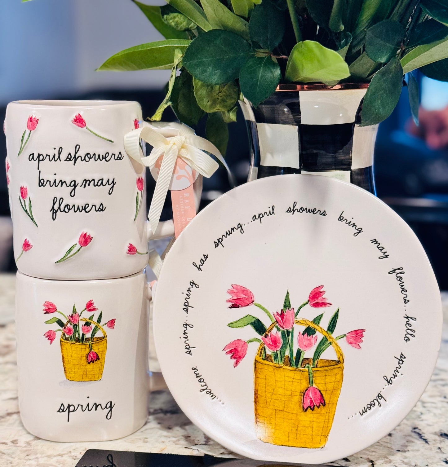 New Rae Dunn 3-piece ceramic April Showers Bring May Flowers 🌺 Spring set 2 mugs & plate