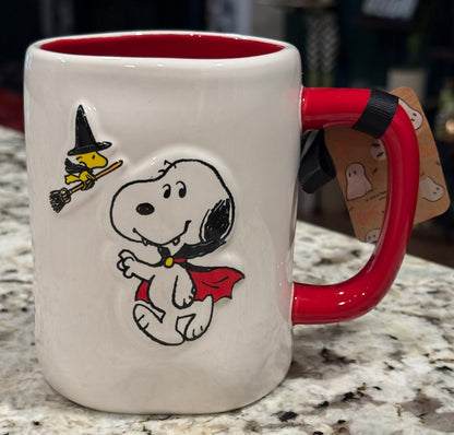 New Rae Dunn x Peanuts Snoopy white ceramic Halloween coffee mug CAUTION, I BITE