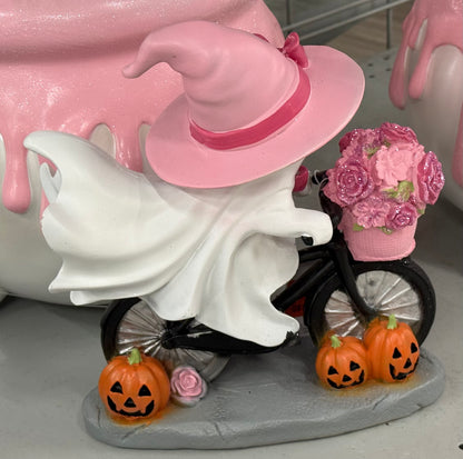 New pink theme flower basket resin ghost riding bike Halloween decor 9.5x8.25