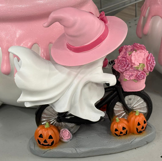 New pink theme flower basket resin ghost riding bike Halloween decor 9.5x8.25