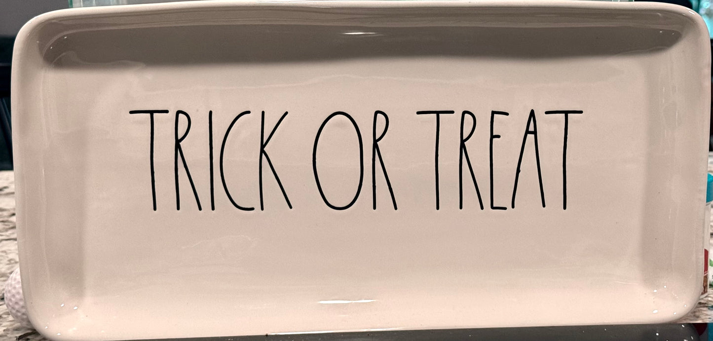New Rae Dunn white ceramic 10x5 TRICK OR TREAT Halloween decor serving platter