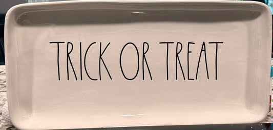 New Rae Dunn white ceramic 10x5 TRICK OR TREAT Halloween decor serving platter