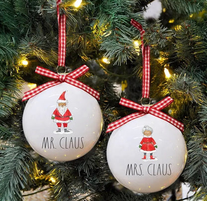 New Rae Dunn glass 2-piece red and white Christmas ornament set Mr & Mrs Claus