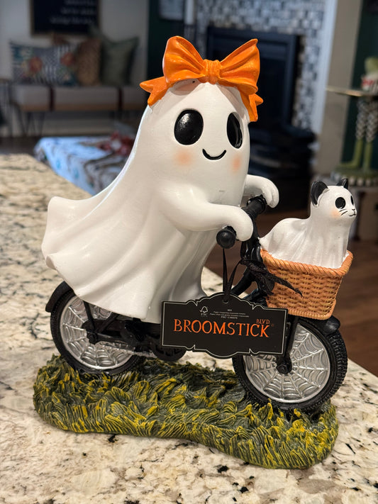 New orange bow resin ghost girl bike riding Halloween decor doggie in basket