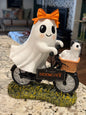 New orange bow resin ghost girl bike riding Halloween decor doggie in basket