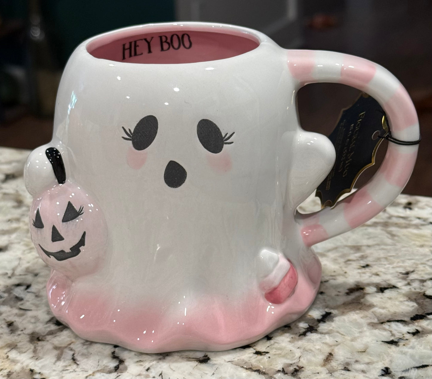 New pink and white ceramic girly pumpkin bucket Halloween ghost mug