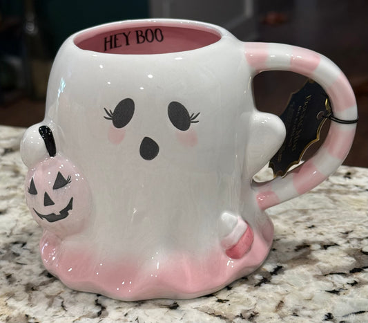 New pink and white ceramic girly pumpkin bucket Halloween ghost mug