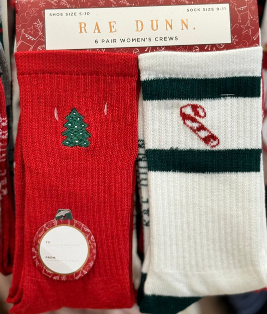 New Rae Dunn 6 pack Christmas crew knit sock set tree/candy cane