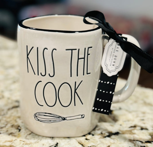 New Rae Dunn white ceramic coffee mug KISS THE COOK