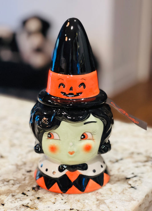 New Joanna Parker Carnival Cottage black haired witch cookie jar