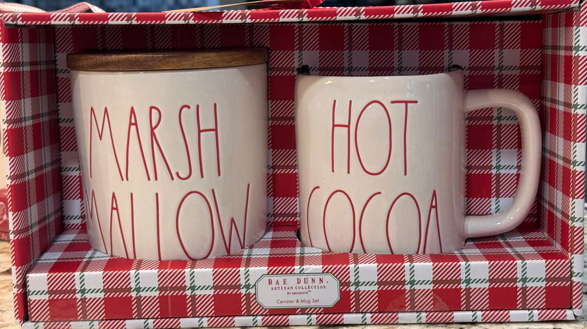 New Rae Dunn holiday gift set 5” MARSHMALLOW cellar and HOT COCOA coffee mug -red writing