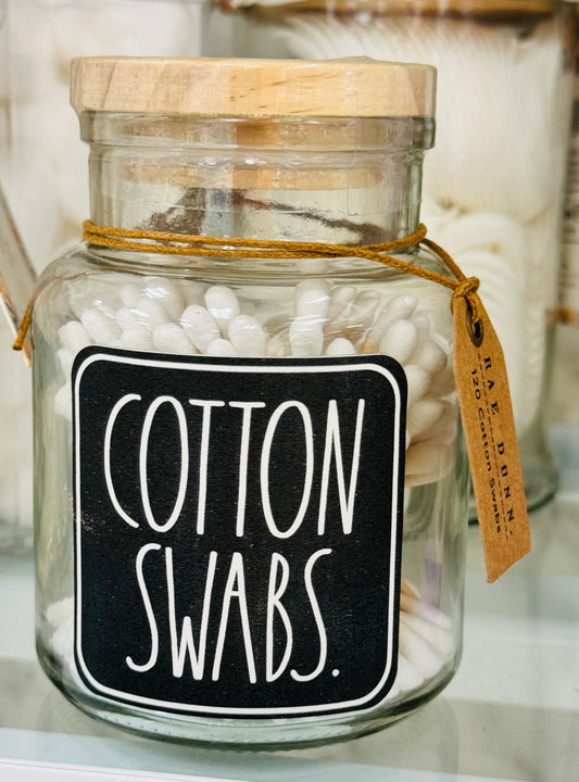 New Rae Dunn glass storage jar filled with COTTON SWABS