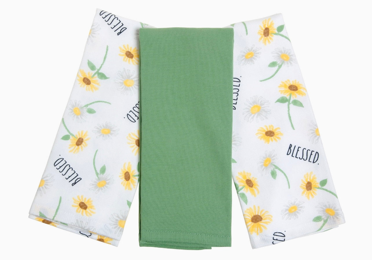 Rae Dunn Blessed Flower Kitchen Towels Set, 3 Pack, White & Green sunflower 🌻