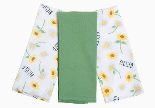 Rae Dunn Blessed Flower Kitchen Towels Set, 3 Pack, White & Green sunflower 🌻