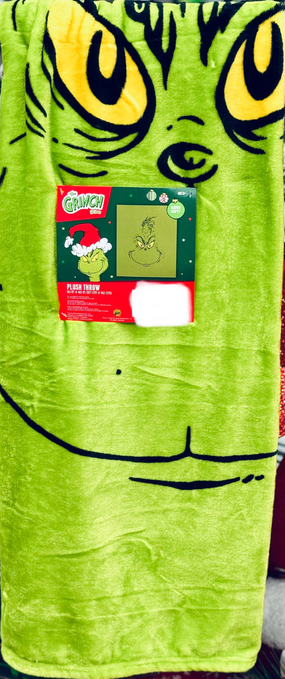 New Christmas Grinch themed oversized blue throw blanket 50x70 green face