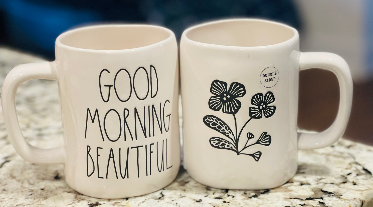 New Rae Dunn white ceramic coffee mug GOOD MORNING BEAUTIFUL