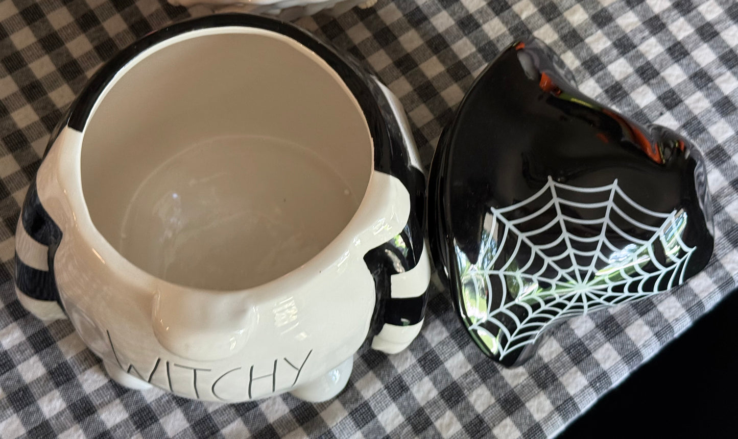 New Rae Dunn black/white ceramic Halloween decor gnome cookie jar canister WITCHY 9.5”