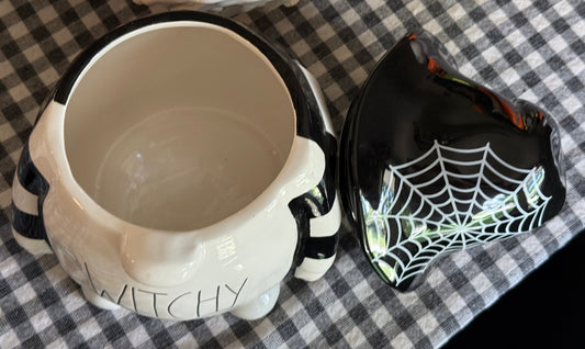 New Rae Dunn black/white ceramic Halloween decor gnome cookie jar canister WITCHY 9.5”