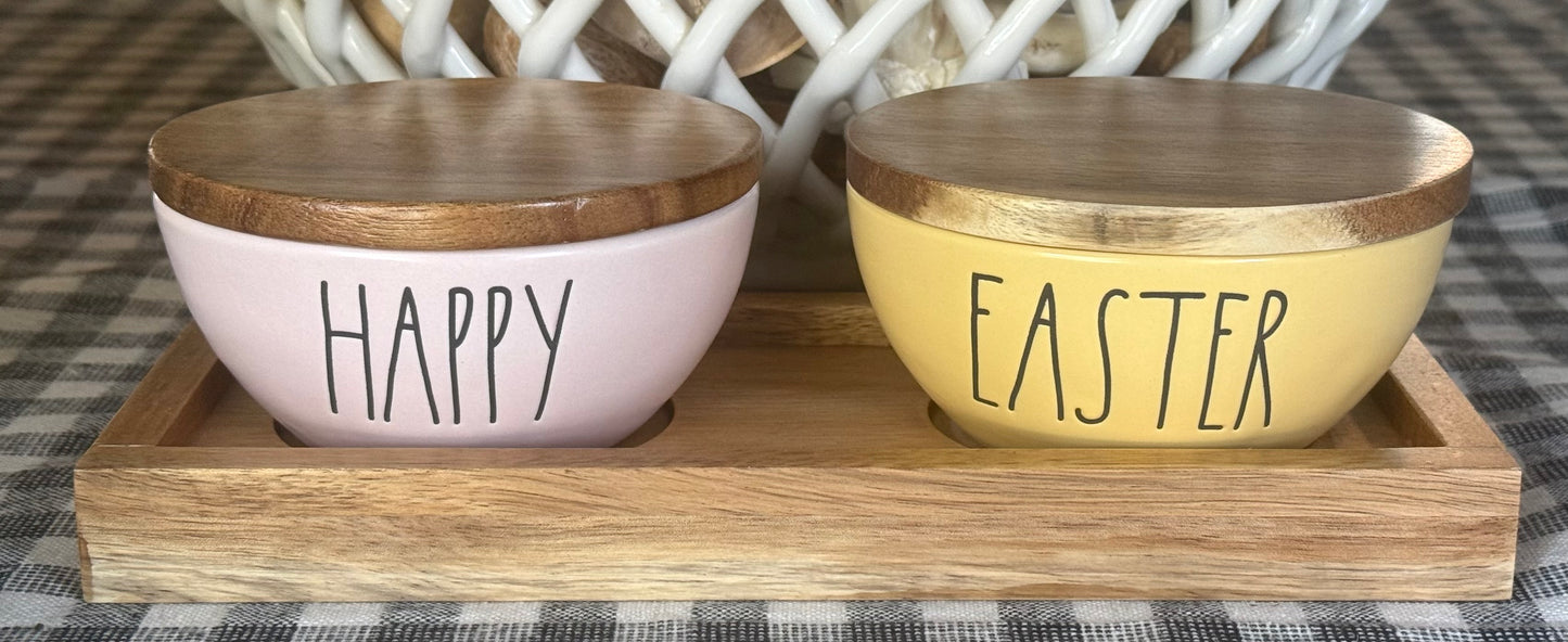 New Rae Dunn pink & yellow ceramic Easter decor mini bowl set HAPPY EASTER