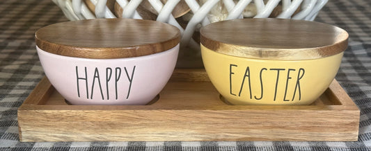 New Rae Dunn pink & yellow ceramic Easter decor mini bowl set HAPPY EASTER